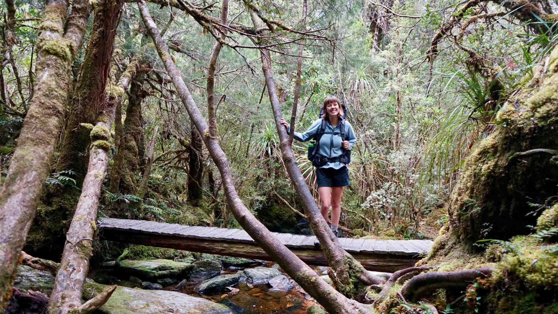 A woman stands on a wooden bridge and holds onto a tree.