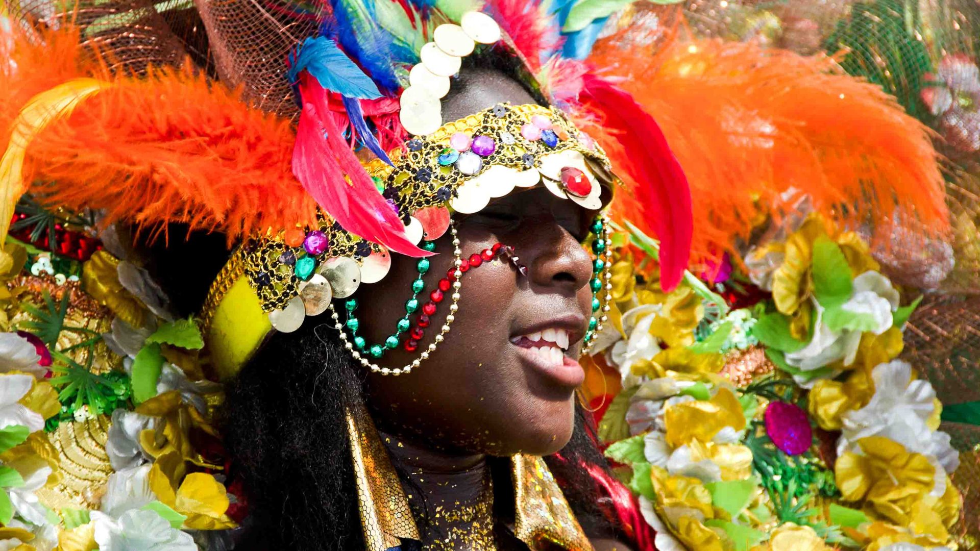 A woman in a colourful headdress.