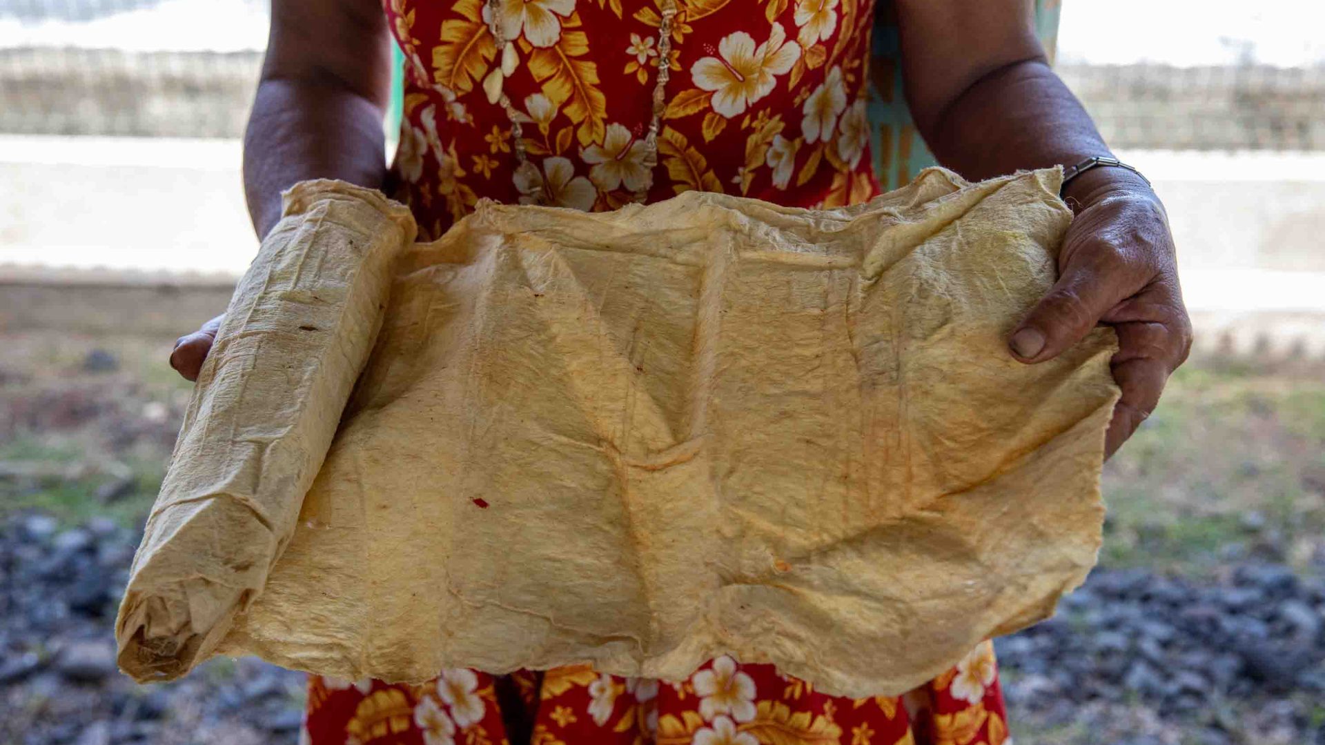 A woman's hands hold tapa.