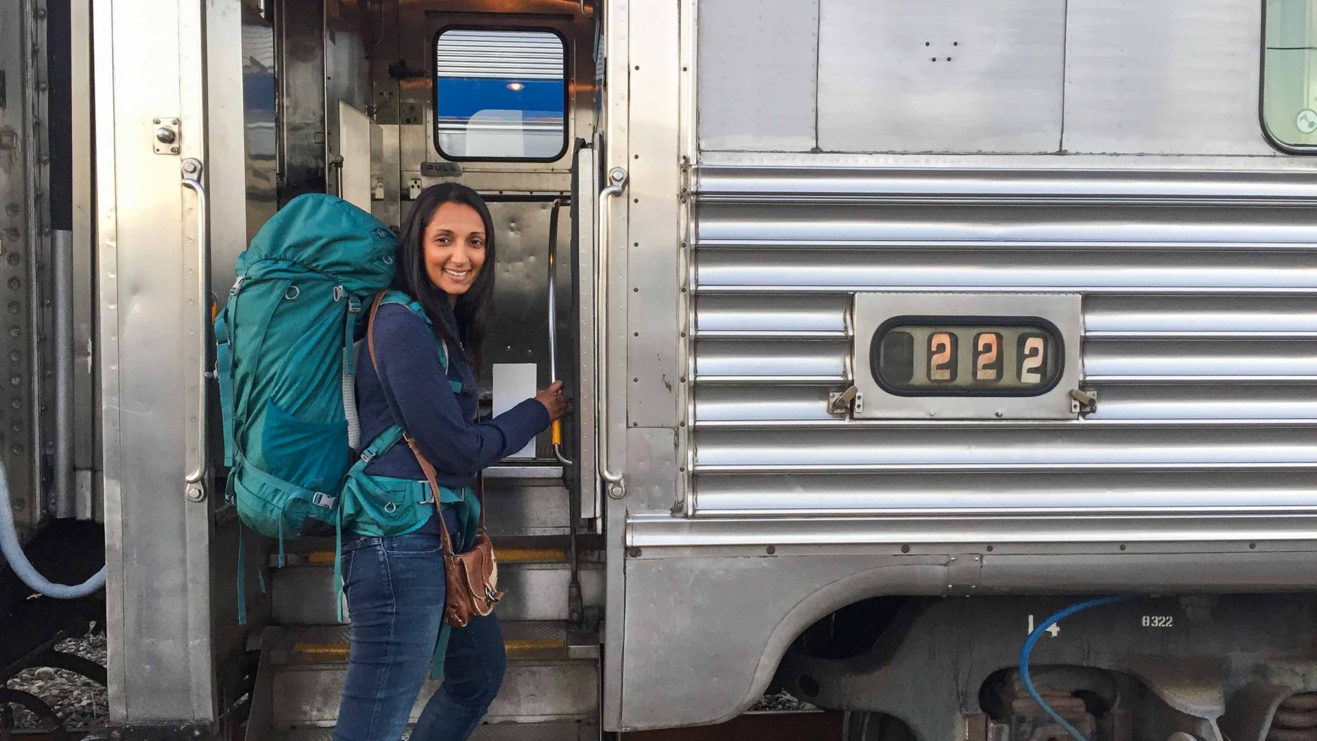 Monisha boarding the Canadian.