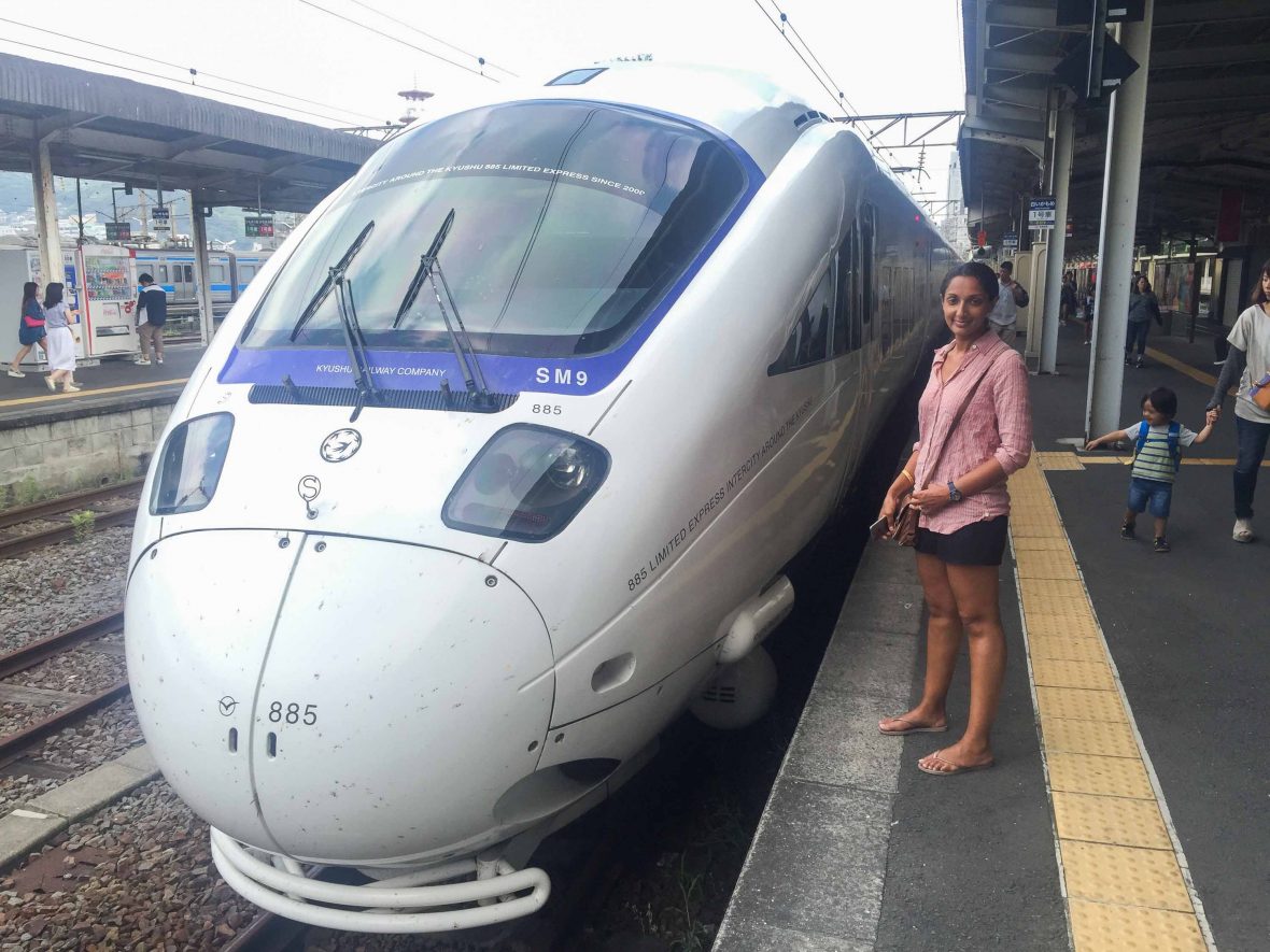 Writer Monisha Rajesh on the platform at Nagasaki, Japan.