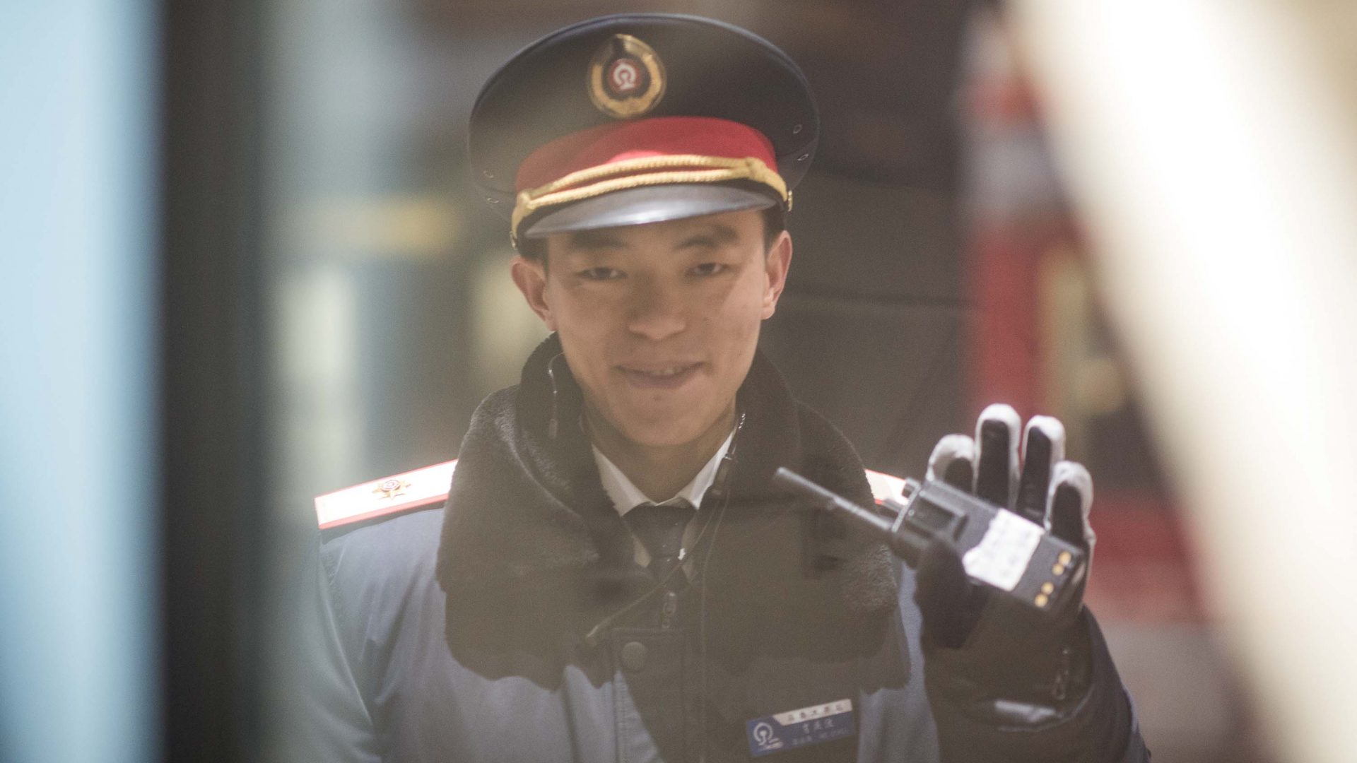 A guard on the platform in Xining, capital of Qinghai province in central China, by the Tibetan Plateau.