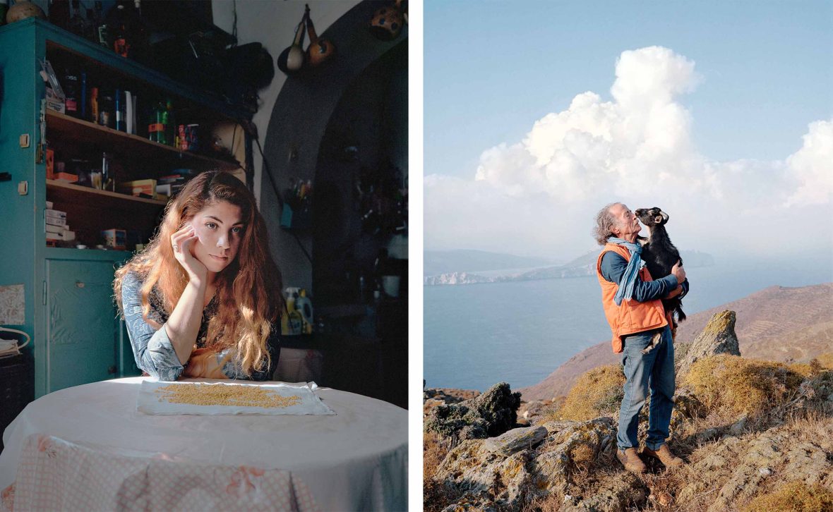 On the left a woman sits at a kitchen table while on the right a man hugs a goat.