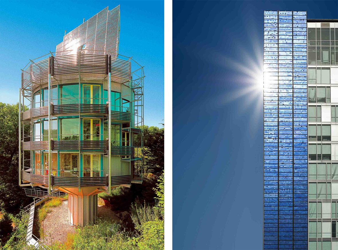 Left: A self sustaining building with a lot of glass and solar panels. Right: A tall building with solar panels down one side.