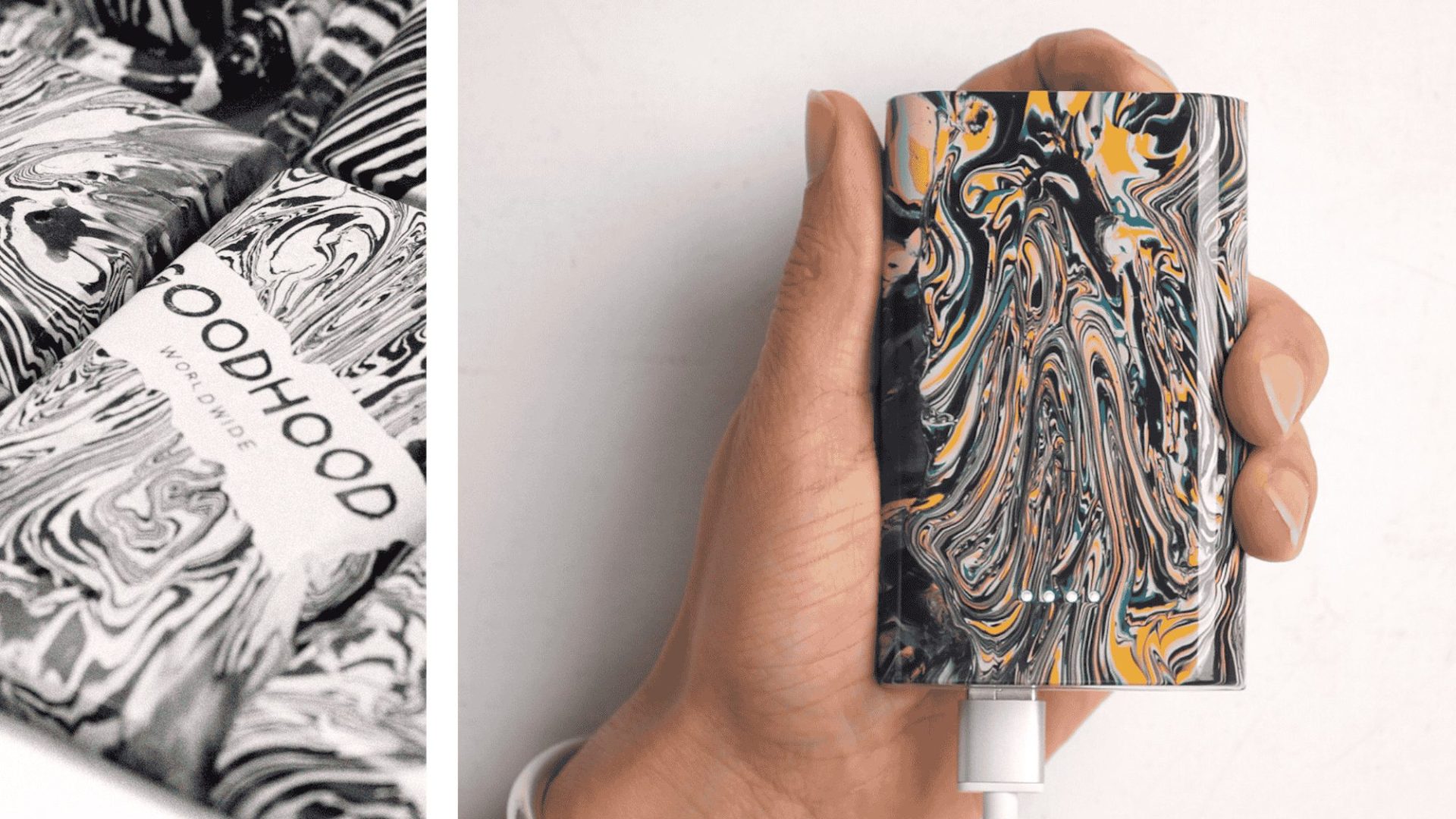 Left, a black-and-white shot of a powerbank made from recycled plastic mailing bags. Right, a photo of a hand holding a power bank with a power cable coming out of the bottom.