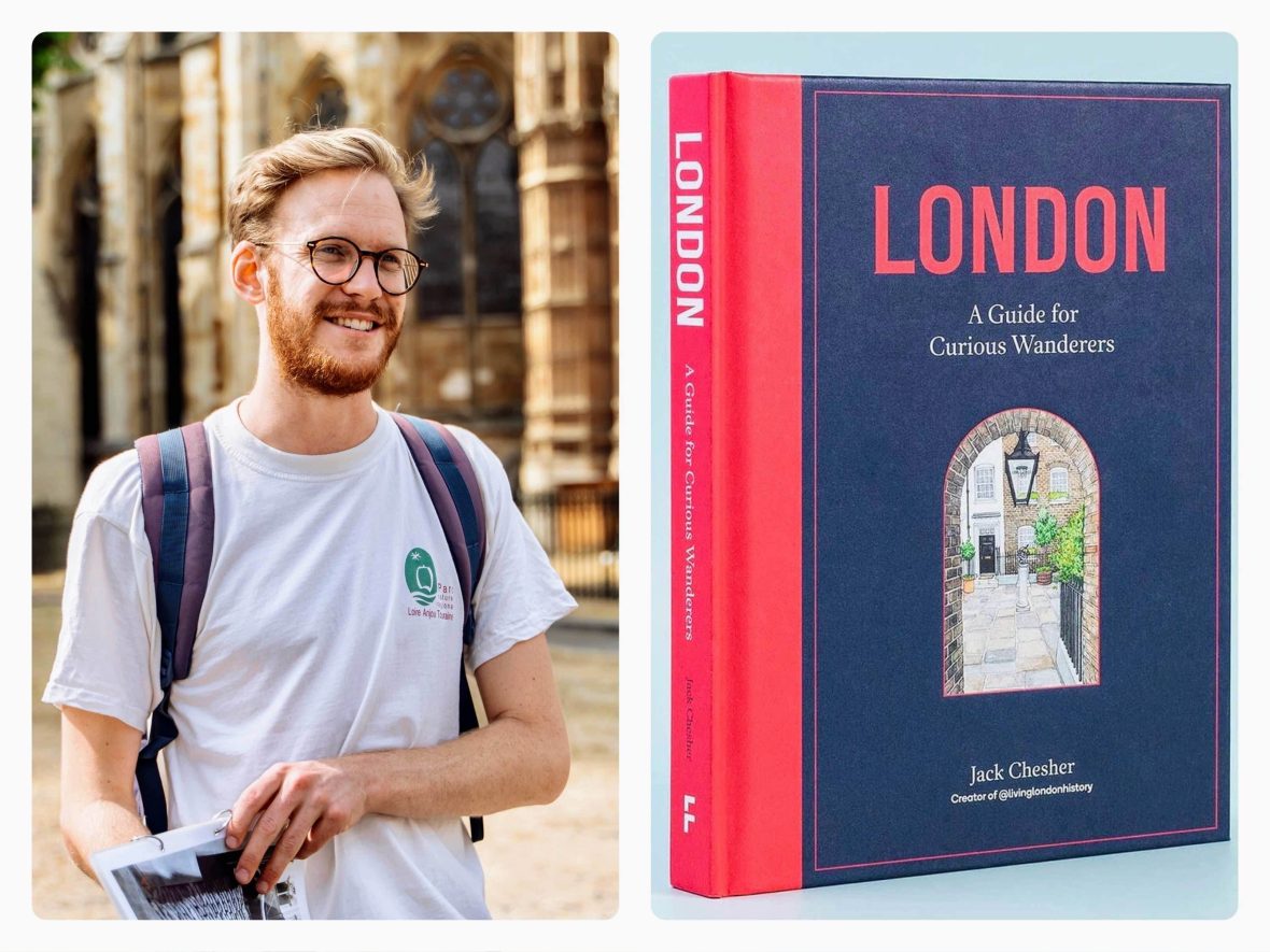 Left, a man stands with a blurred building in the background. Right, a copy of the book "London: A Guide for Curious Wanderers," by Jack Chesher.