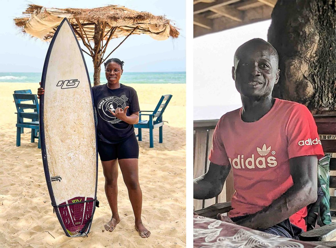 Kadiatu Kamara stands with her surfboard in front of a shade umbrella; Right: One of her first coaches, Donald Macauley.