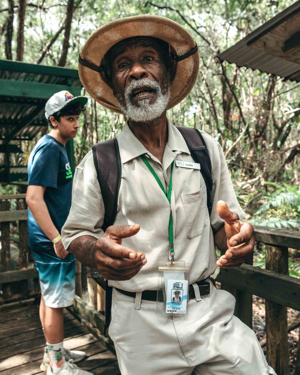 A tour guide in a hat.