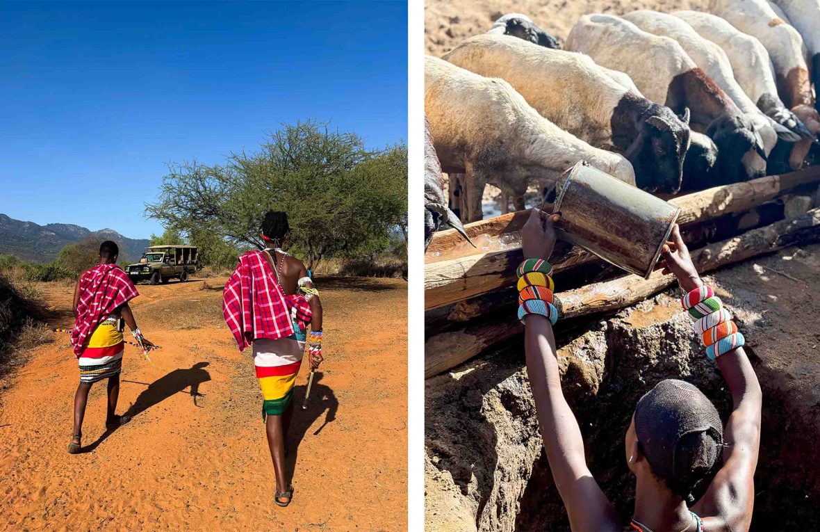 Left: Two men in traditional clothing walk towards a jeep. Right: A man gives water to goats from a well.