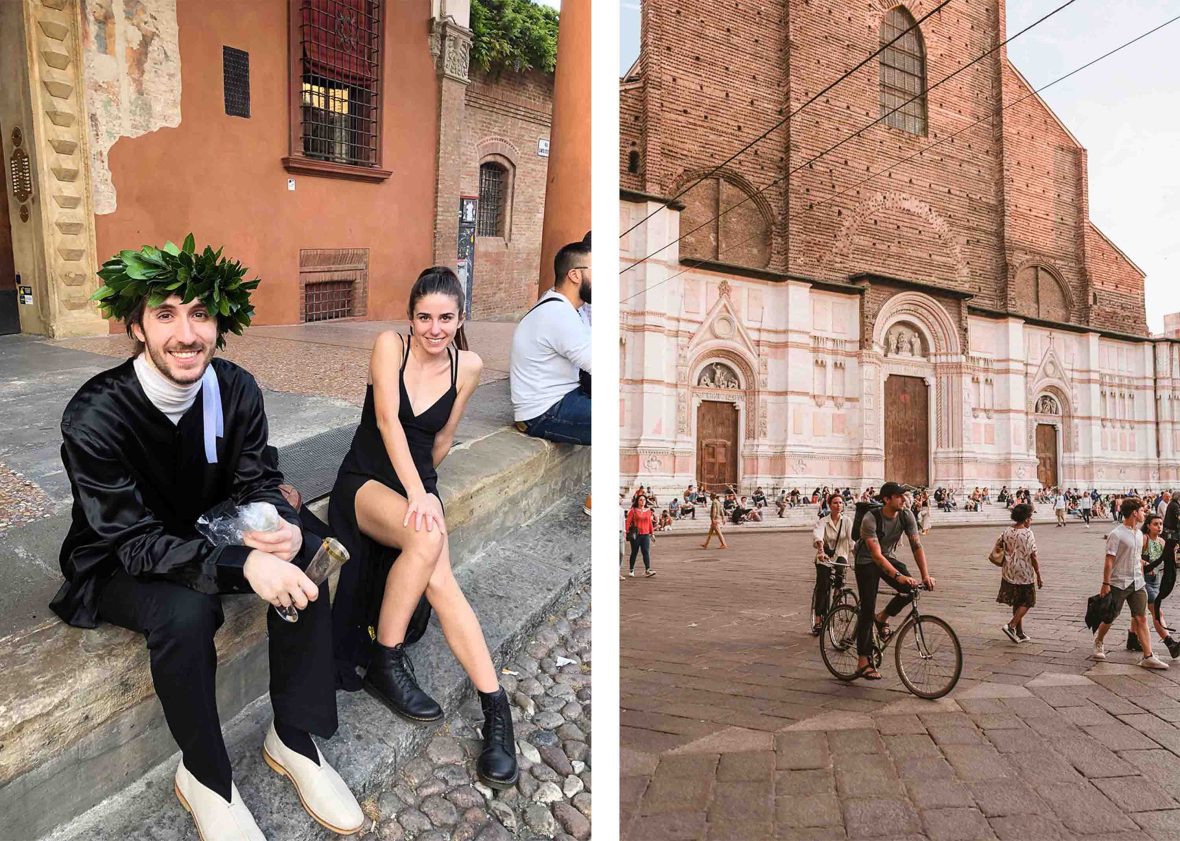 Left: Two people sit on the stairs outside of a building. One wears a wreath on his head. Right: A cyclist and other people on foot move around a plaza in front of a building.