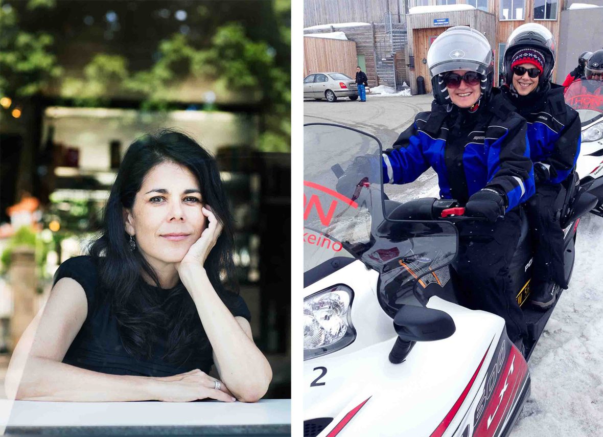 Left: A woman poses for a seated portrait. She rests her head in her hand. Right: Two people sit on a snowmobile.