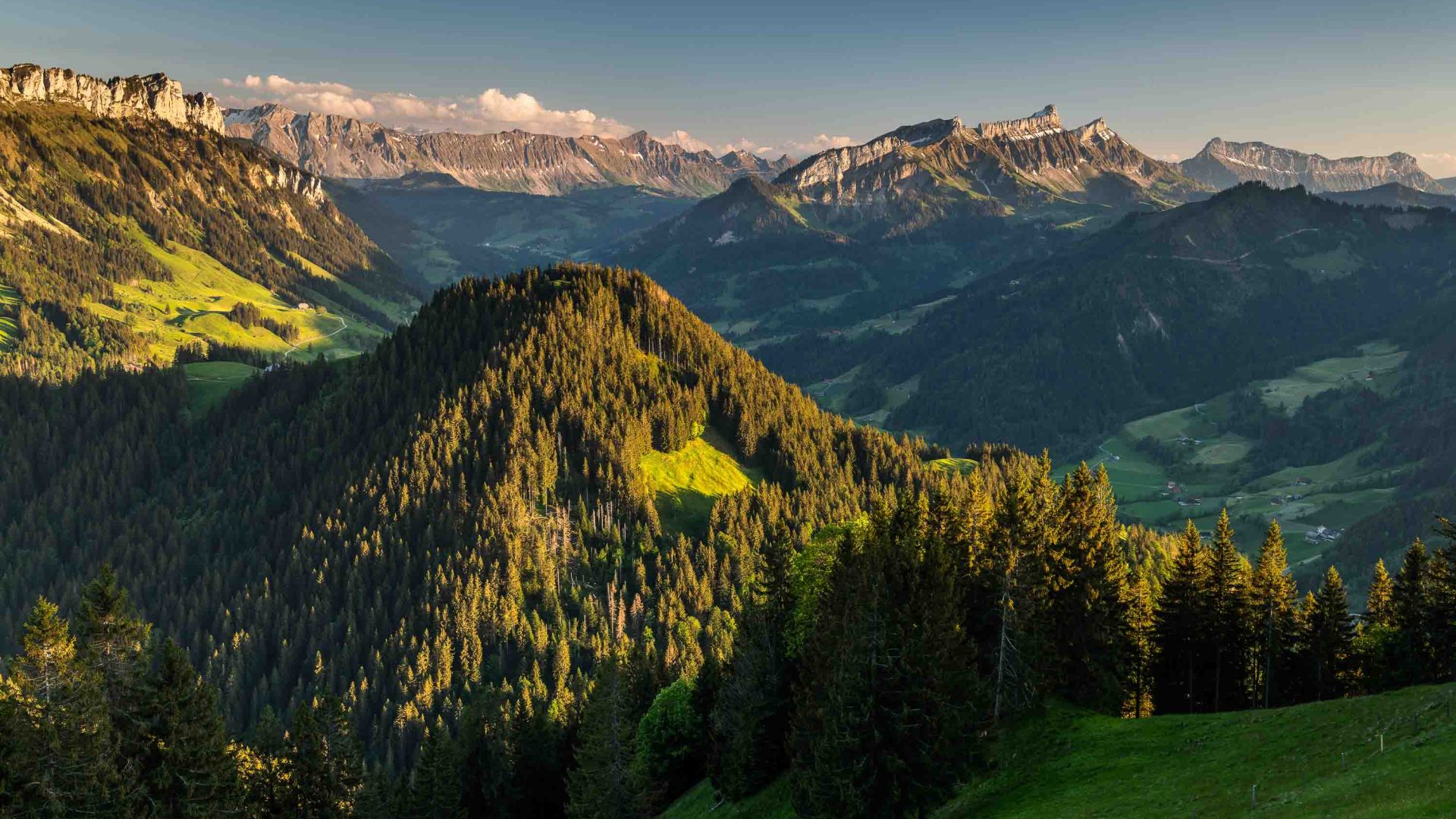 A valley mountains and trees.