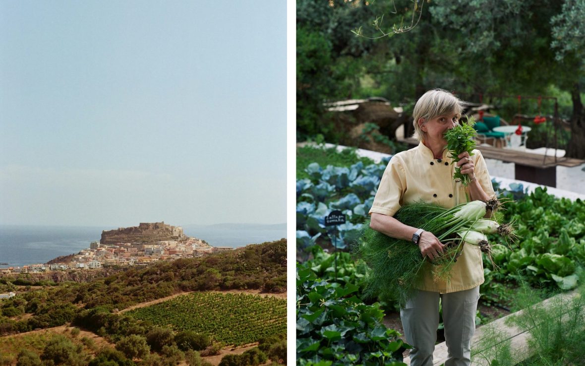 Left: Sardinia countryside; Right: Woman chef smells fresh picked green produce