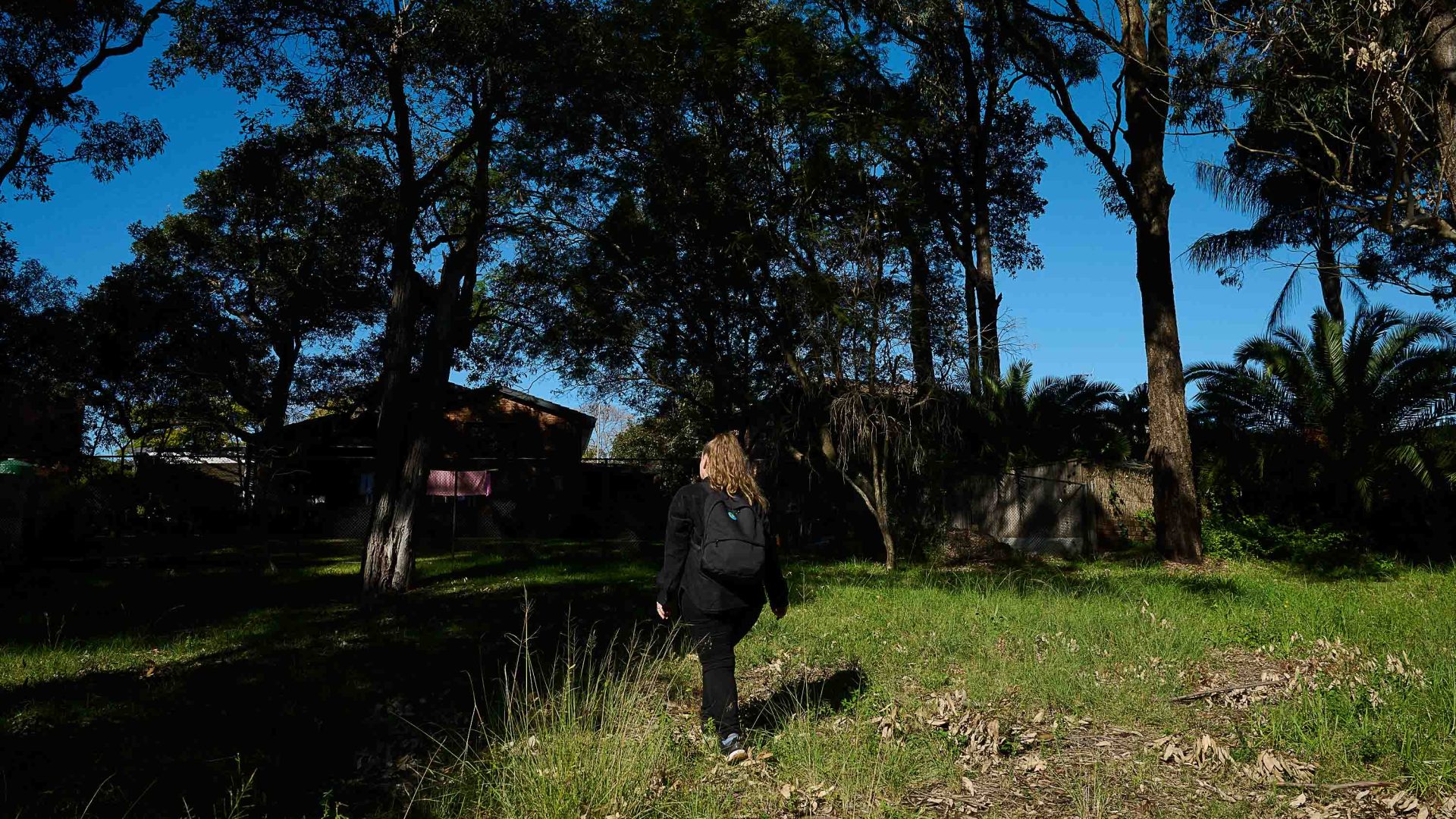 A woman walks under eucalyptus trees toward a house.