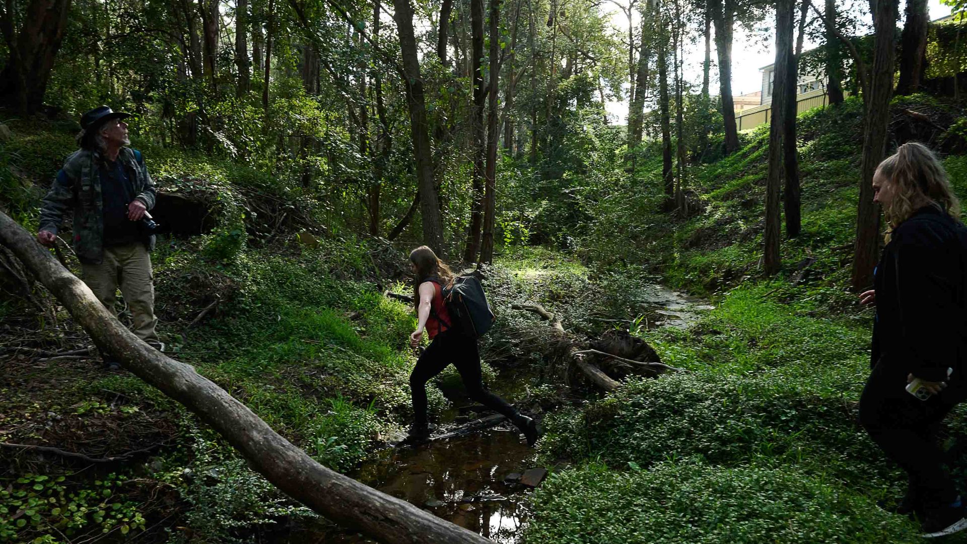 Three people cross a creek in a forested area.