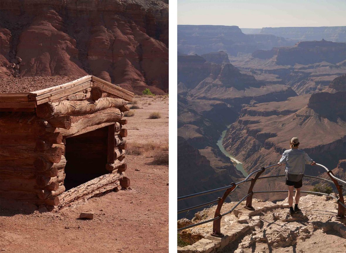 Left: A wooden hut; Right: A woman looks out over a river from a look out.