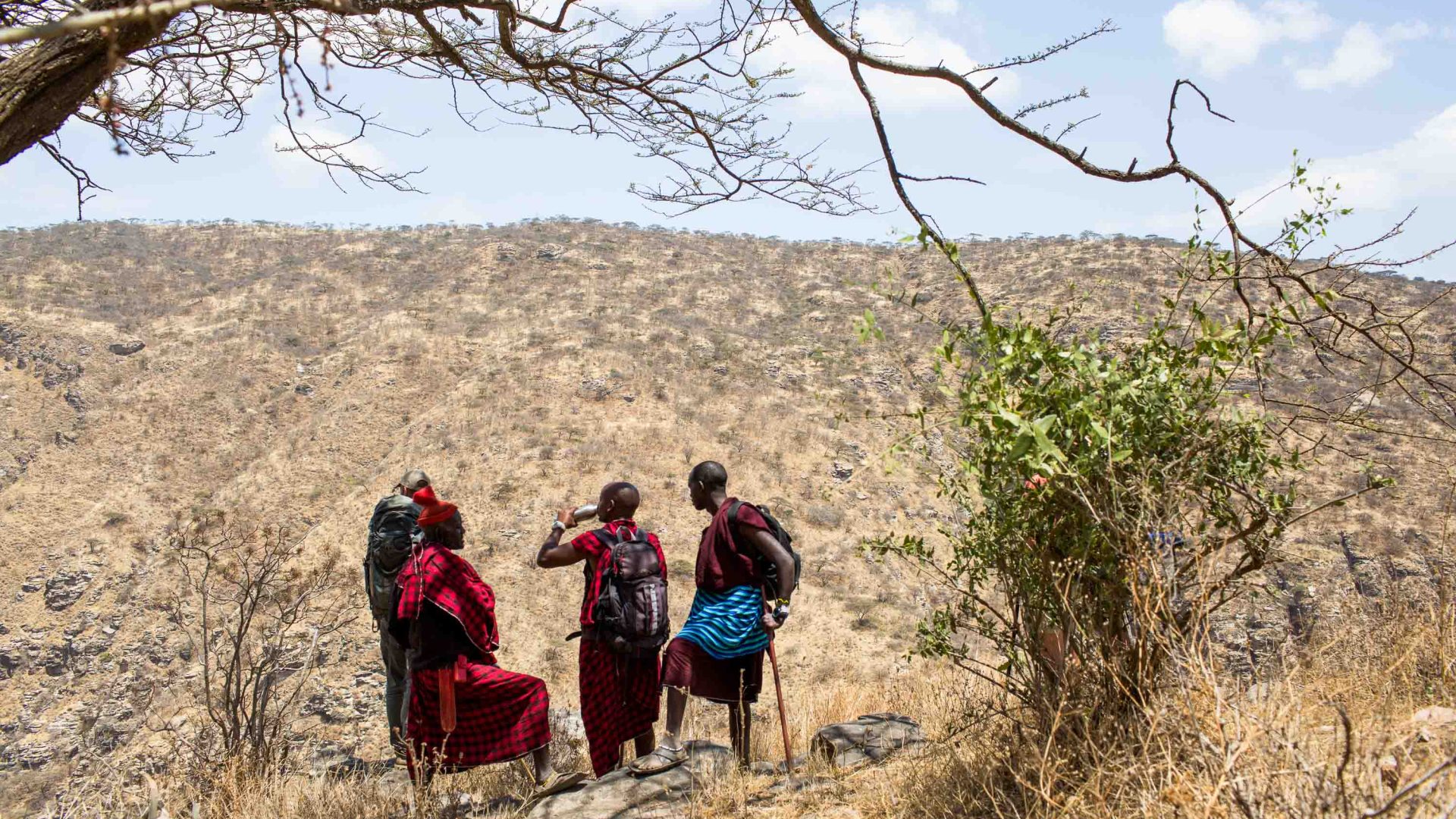 Taking a much needed water break under the shade of an acacia tree.