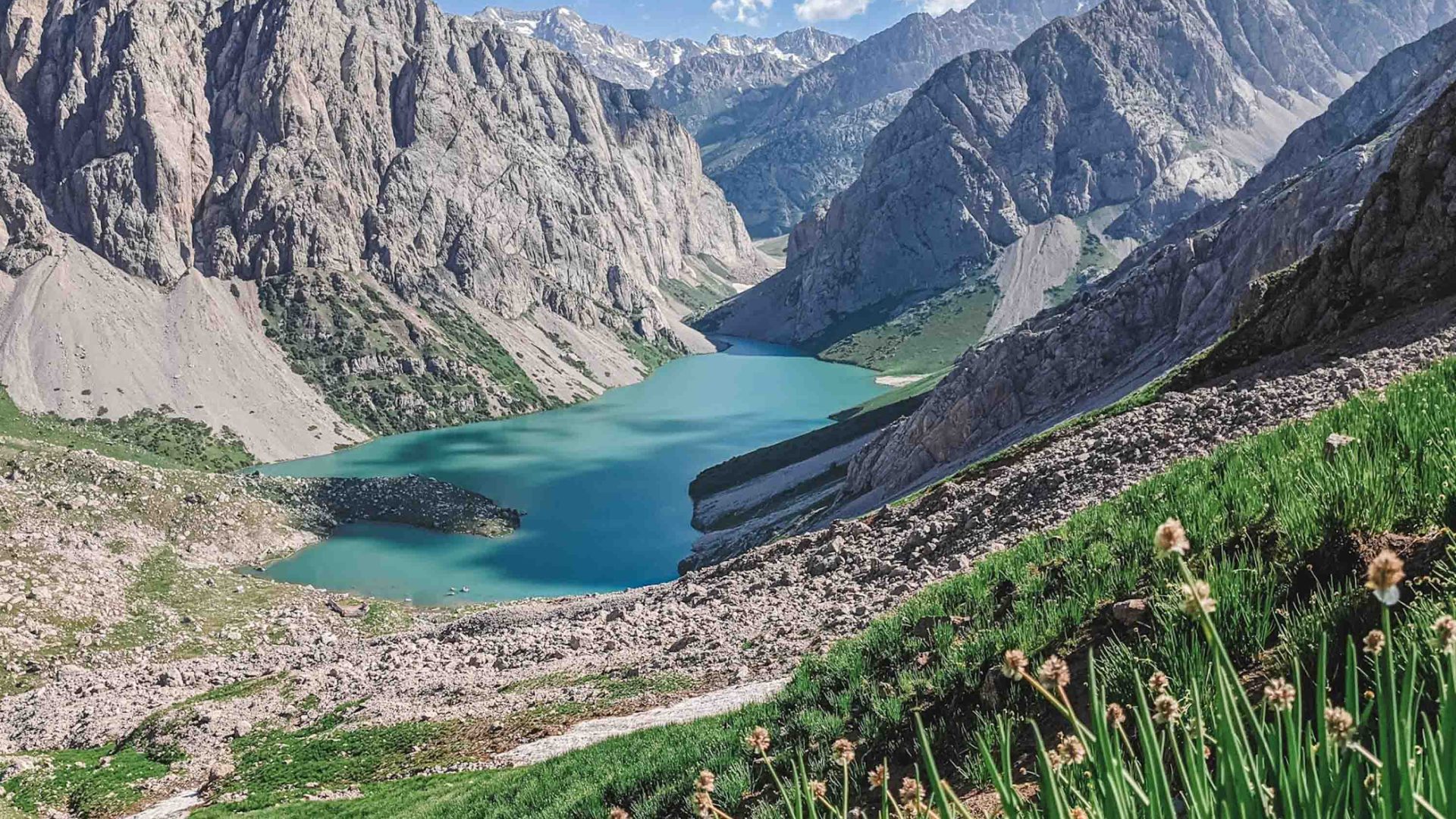 A blue lake surrounded by mountains.