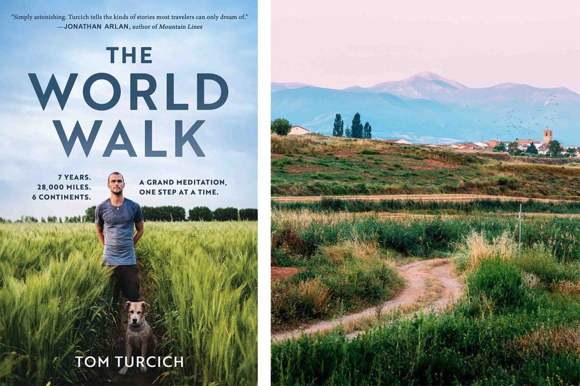 Left: The cover of Tom's book 'The world walk', showing a man standing against a grassy field backdrop; Right: A picture of a winding path with villages and mountains in the background