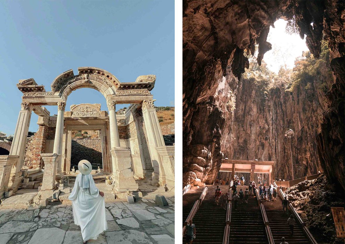 Left: A woman walks toward some ruins. Right: Hordes of people climb up some stairs to a cave.