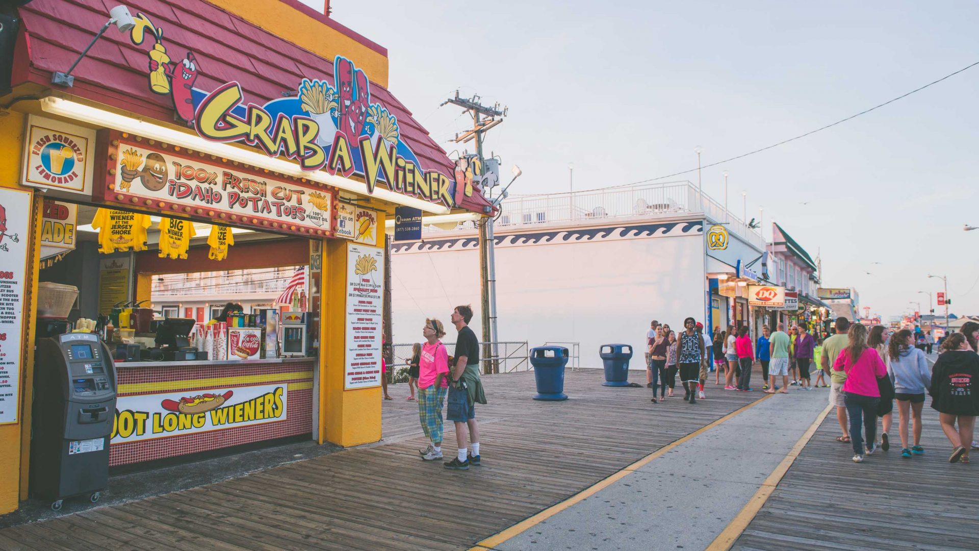 'Grab a wiener', one of many boardwalk cafes, where you can also buy T-shirts with slogans such as 'Big wiener, small bun'.